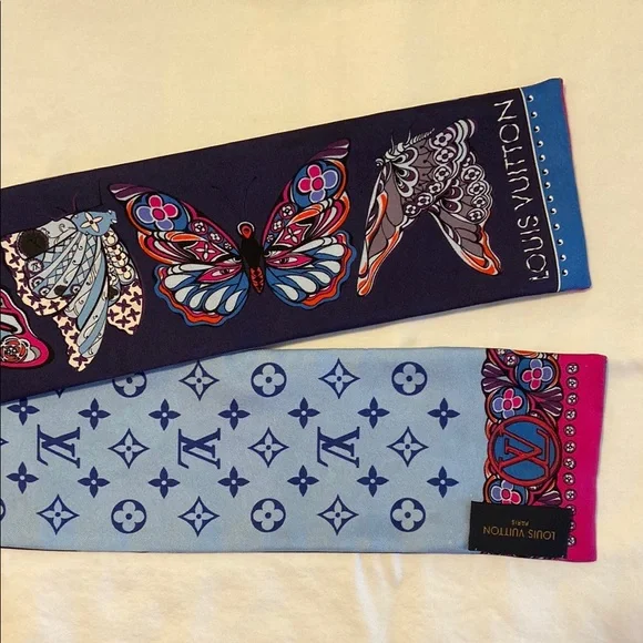 Louis Vuitton Bandeau Blue and Hot Pink Scarf Butterfly and Mono - Picture 7 of 9